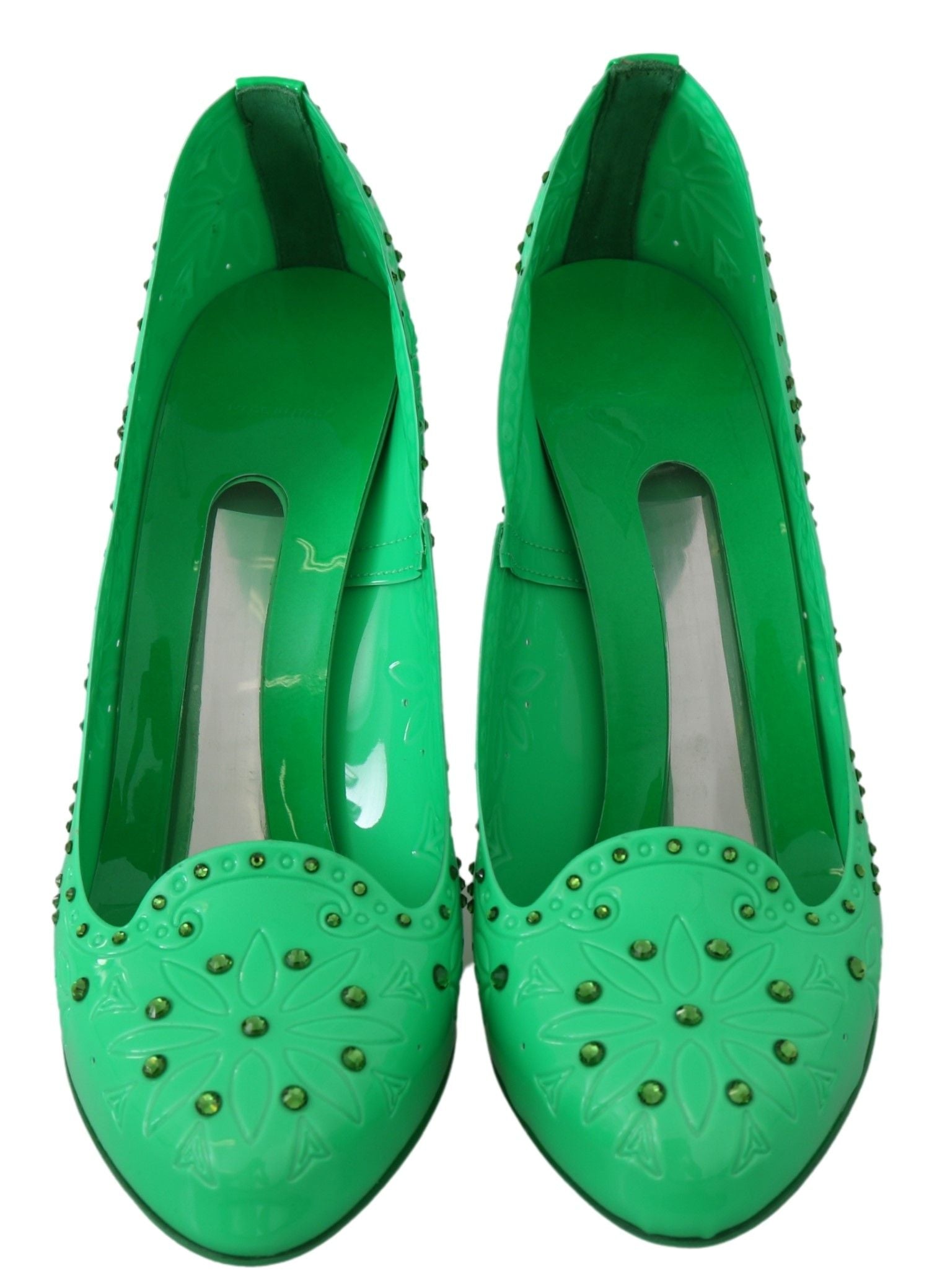Chaussures à talons Dolce & Gabbana CINDERELLA vertes avec cristaux floraux, élégantes et raffinées, vues de côté.
