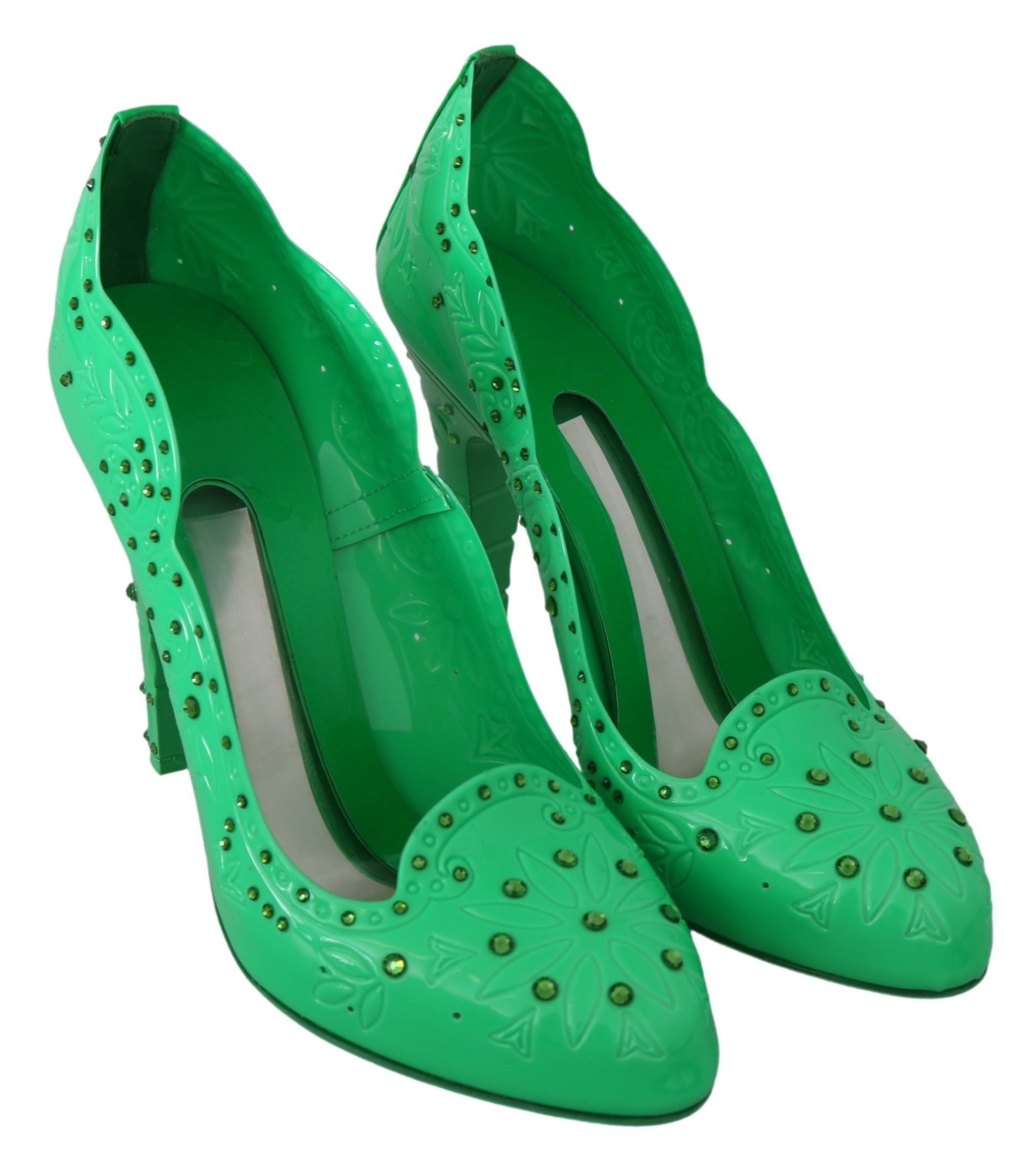 Escarpins Dolce & Gabbana CINDERELLA en vert avec cristaux floraux, chaussures élégantes et raffinées pour femme.