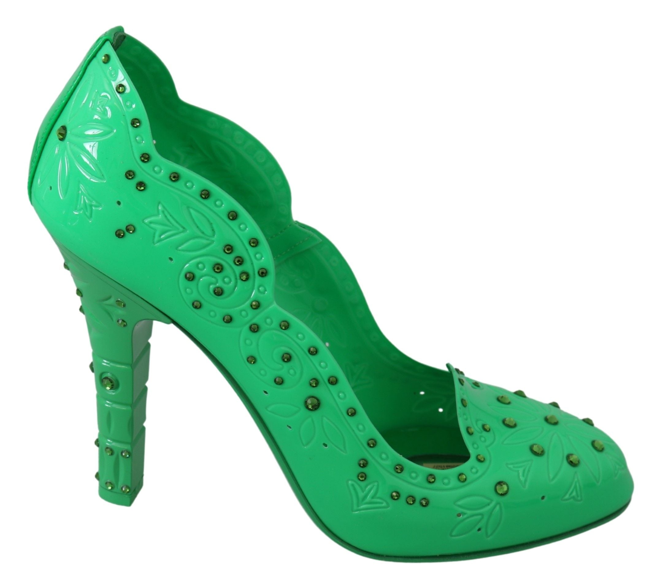 Chaussures à talons Dolce & Gabbana CINDERELLA en vert avec cristaux floraux, élégantes et ornées de détails élégants.
