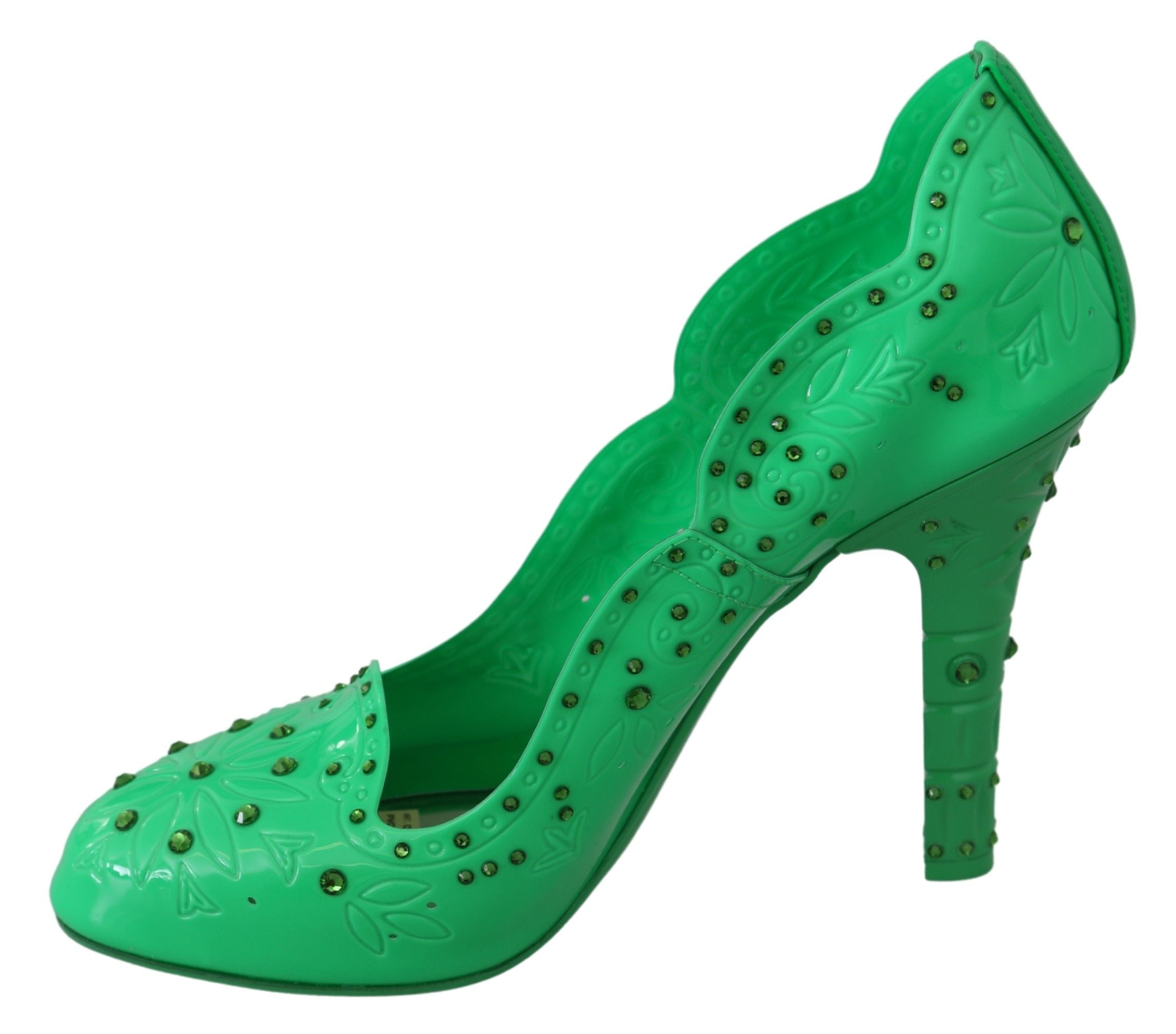 Chaussures à talons Dolce & Gabbana Cinderella en vert avec cristaux et motif floral, élégantes et glamour.