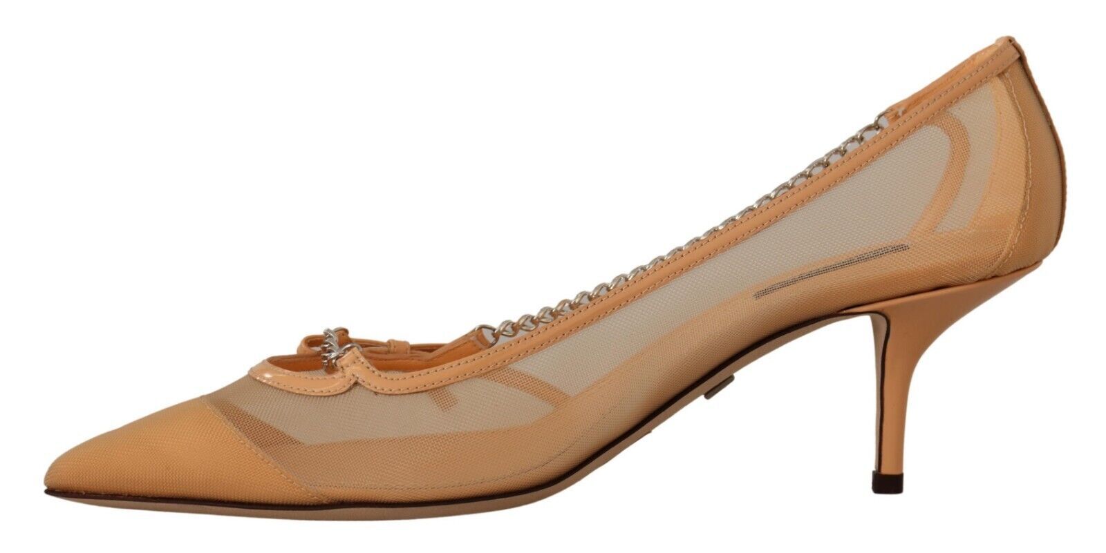 Chaussures à talons Dolce & Gabbana Peach en mesh et cuir avec chaînes, élégantes et modernes, vues de face.