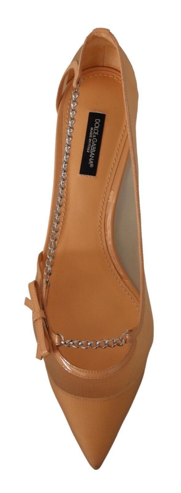 Escarpins en mesh pêche et cuir avec chaînes Dolce & Gabbana, chaussures élégantes à talons pour femmes.