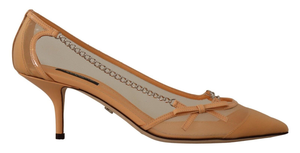 Chaussures à talons Dolce & Gabbana Peach Mesh avec chaînes en cuir, sandales élégantes pour femmes.
