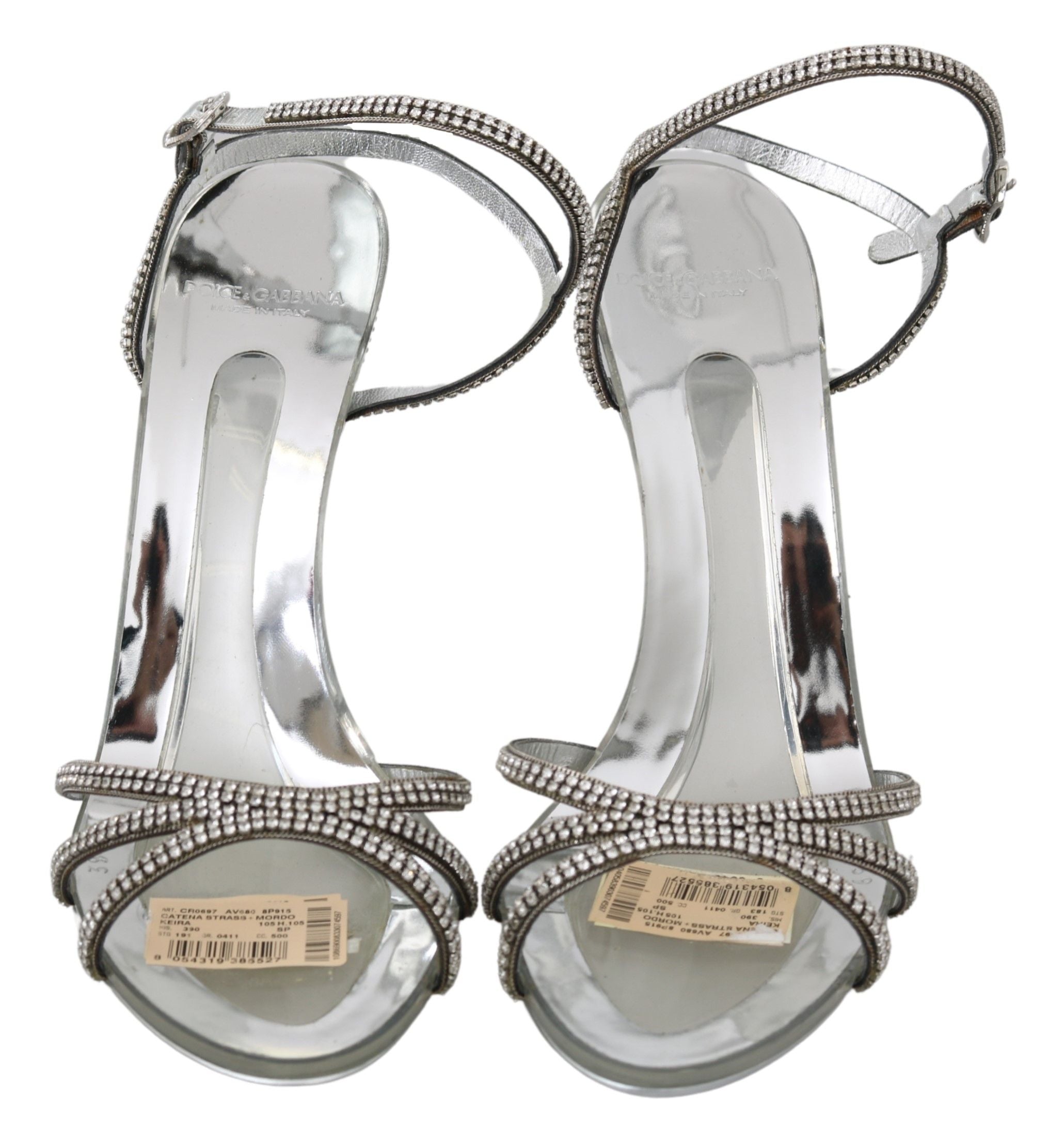 Sandales à talons en argent Dolce & Gabbana avec bride à la cheville ornée de cristaux, chaussure élégante et sophistiquée.