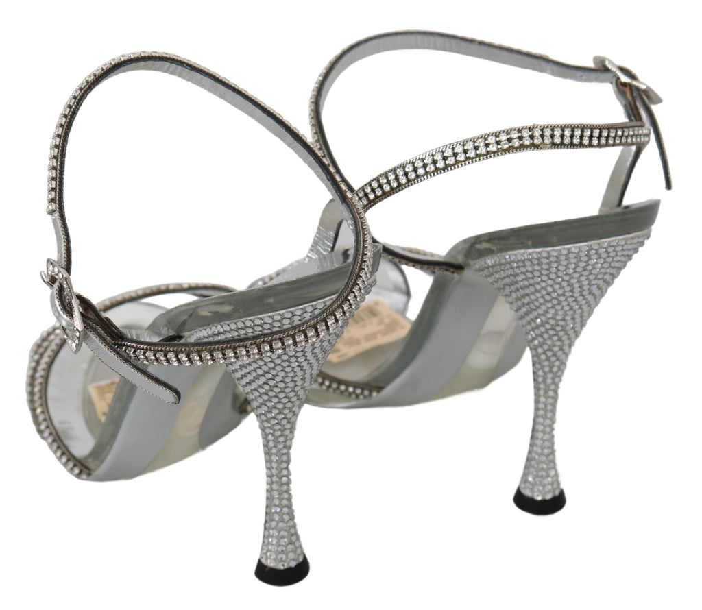 Sandales à talon argentées Dolce & Gabbana avec bride à la cheville et cristaux, élégantes chaussures de soirée.