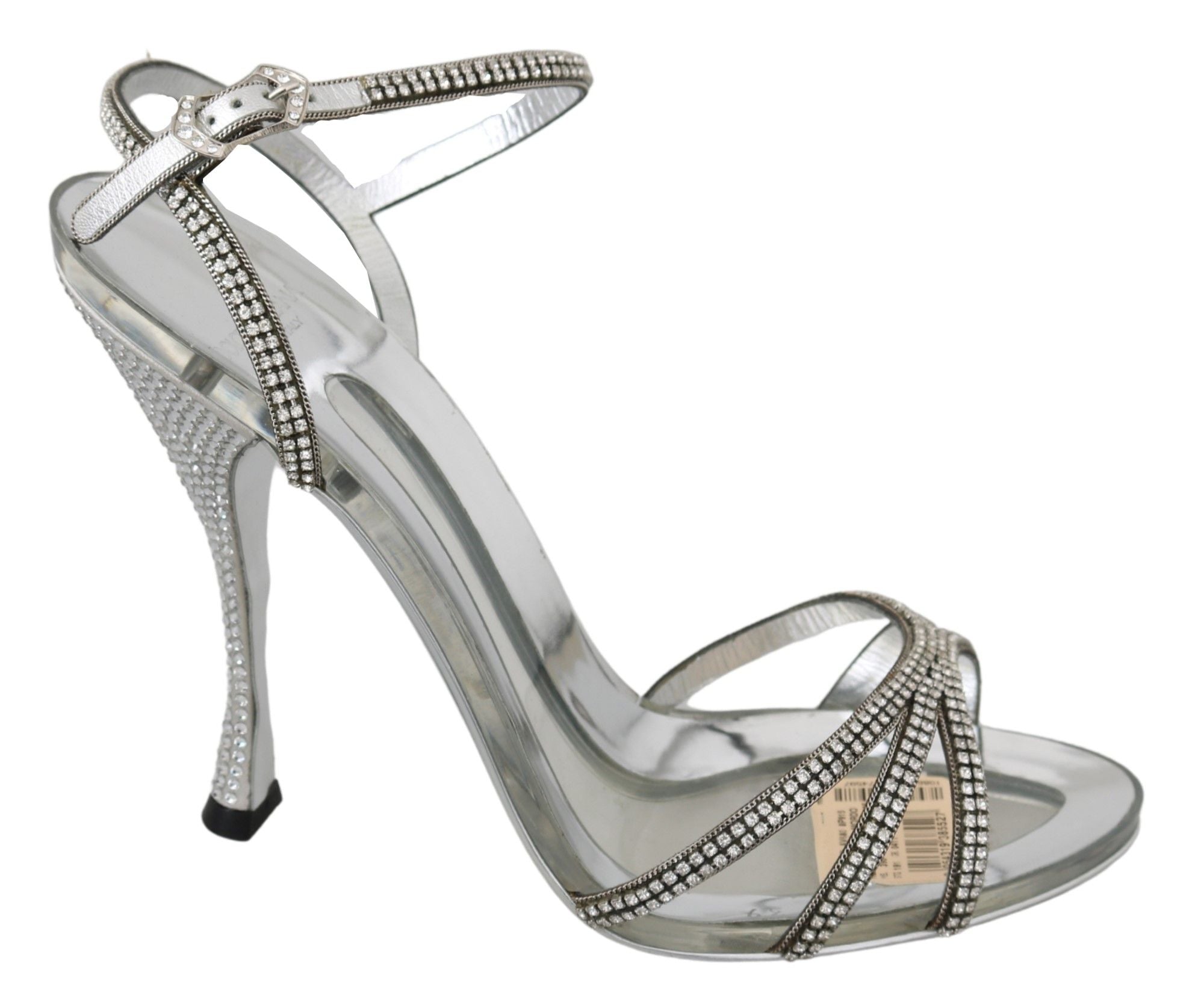 Sandales à talons en argent avec bride à la cheville et cristaux, chaussures Dolce & Gabbana élégantes et sophistiquées