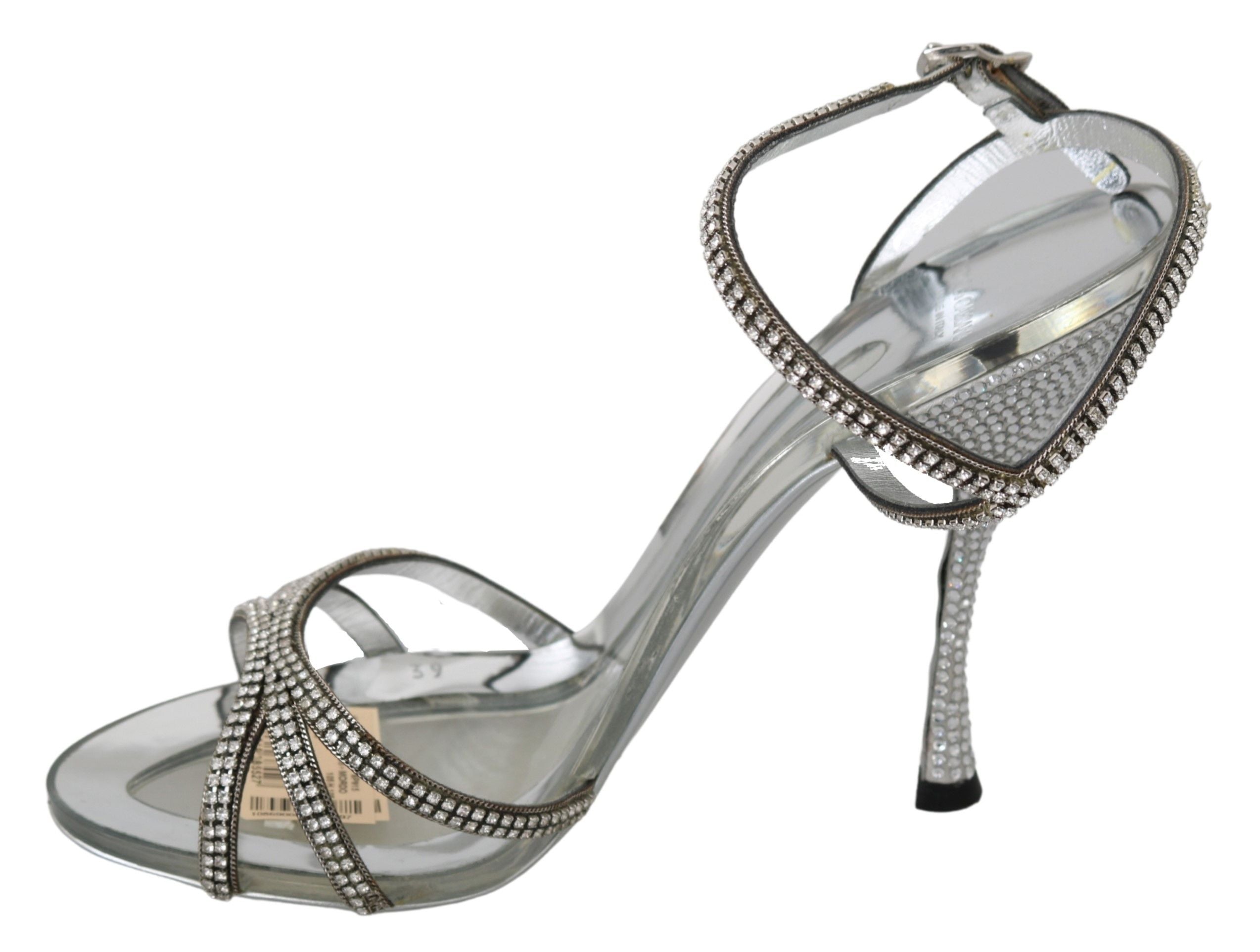 Sandales à talon en argent Dolce & Gabbana avec bride à la cheville ornée de cristaux scintillants.