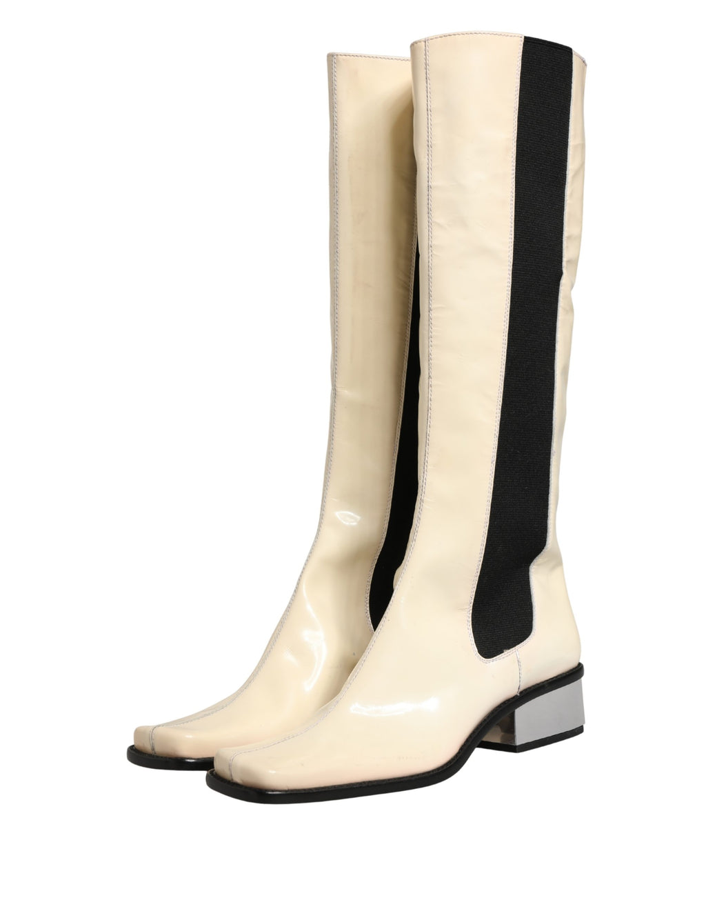 Bottes hautes en cuir blanc et noir de Dolce & Gabbana, chaussures élégantes en cuir pour femme.