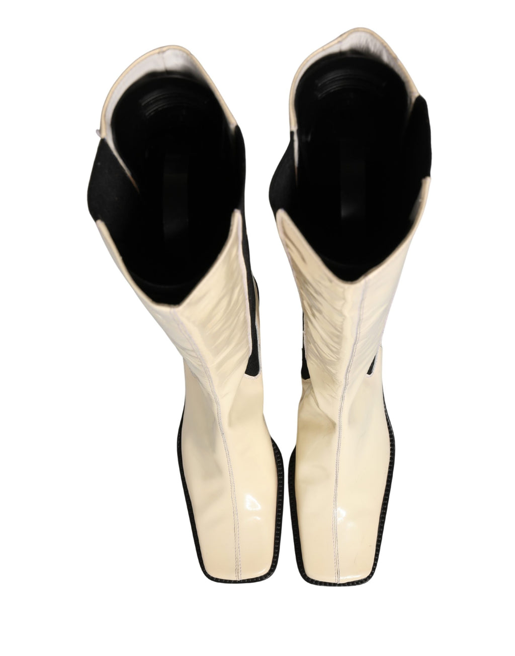 Bottes hautes en cuir blanc et noir de Dolce & Gabbana, chaussures élégantes en cuir pour femmes.