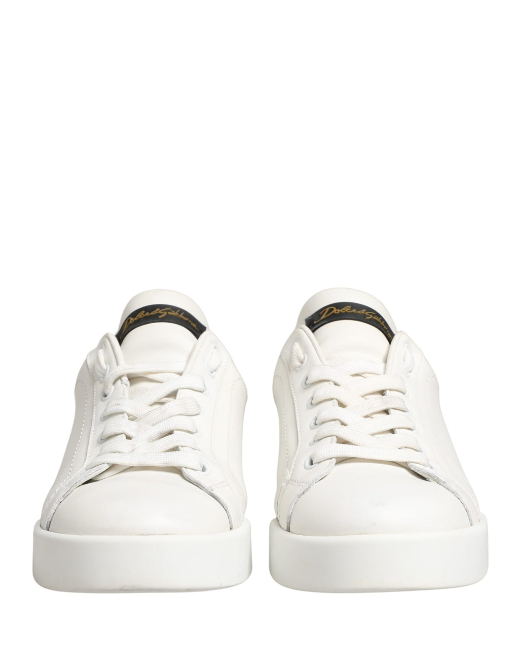 Chaussures Sneakers en cuir blanc et noir Portofino de Dolce & Gabbana, vue de face avec détails de la semelle et des lacets.