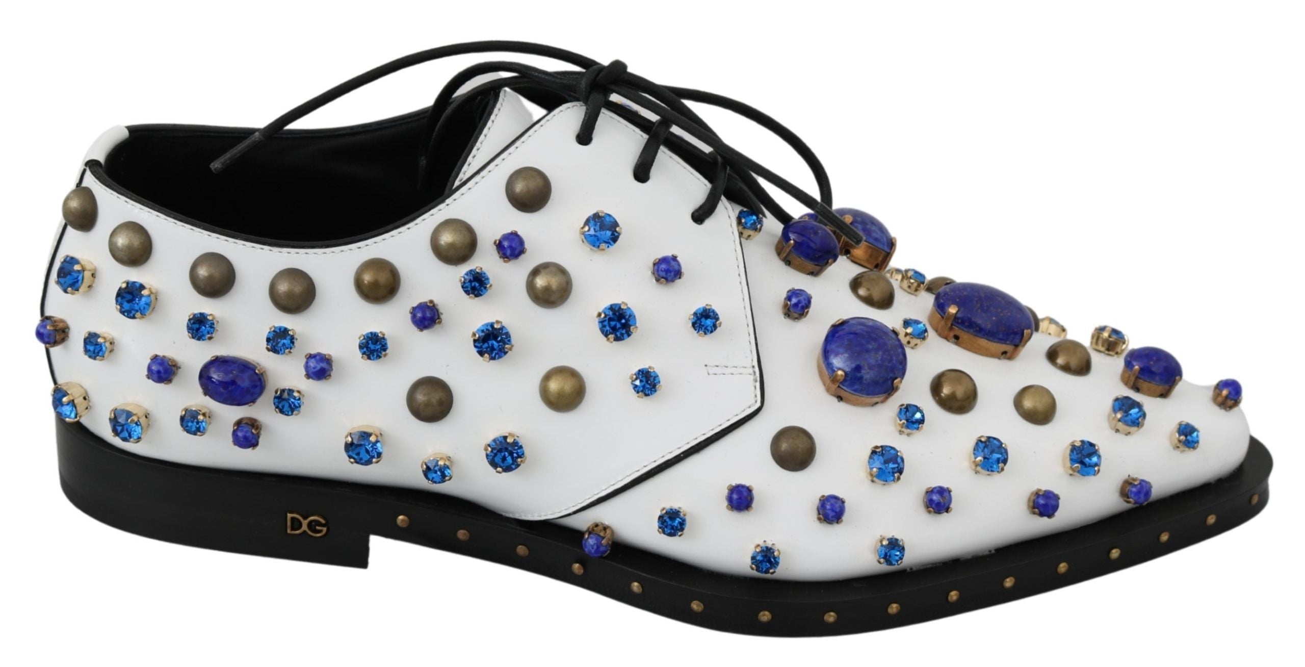 Chaussures à talons Dolce & Gabbana en cuir blanc avec cristaux, style robe broque, vues de l'avant.