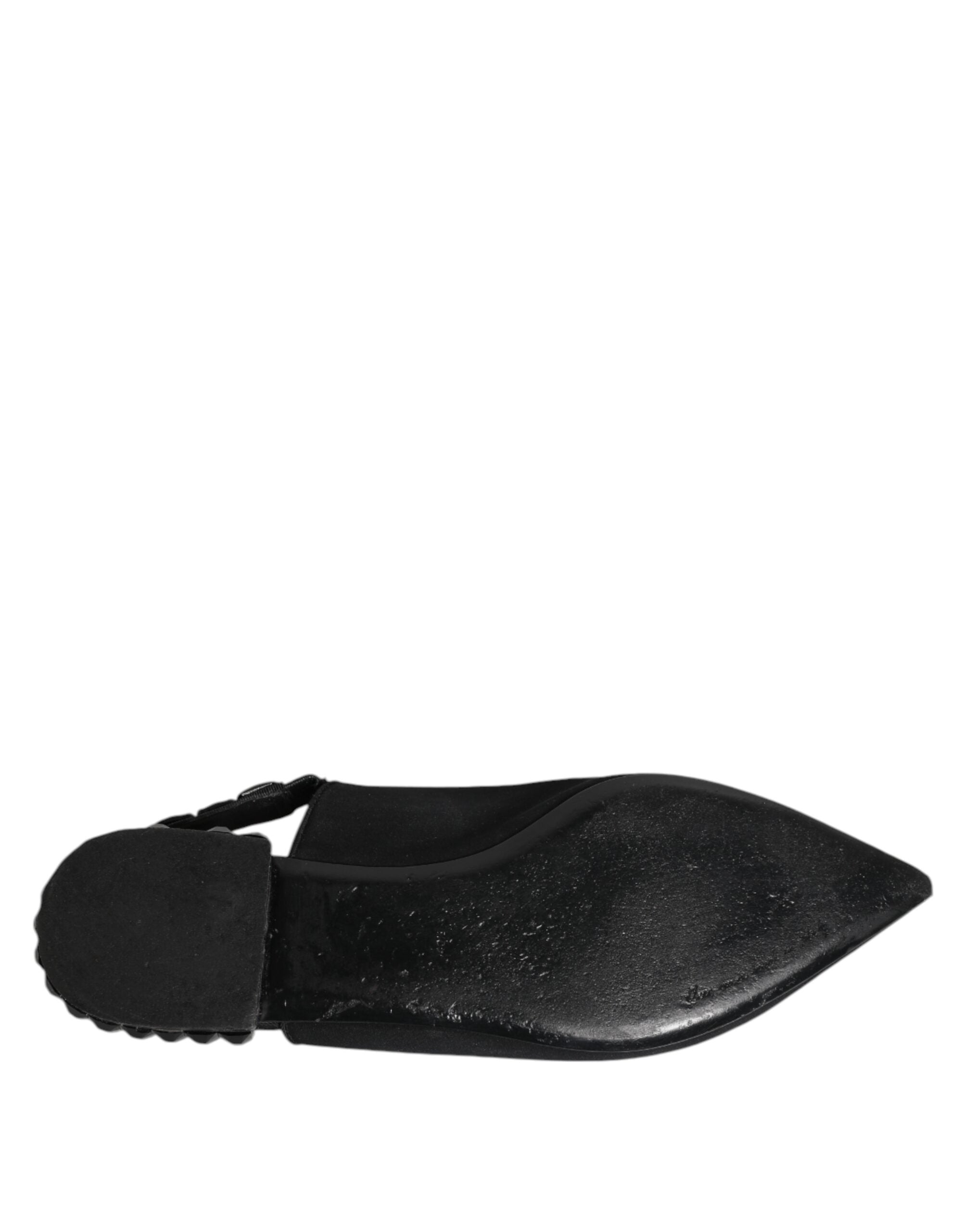 Chaussures Dolce & Gabbana en satin noir avec cristaux, chaussures à talons avec bride arrière, élégantes et sophistiquées.