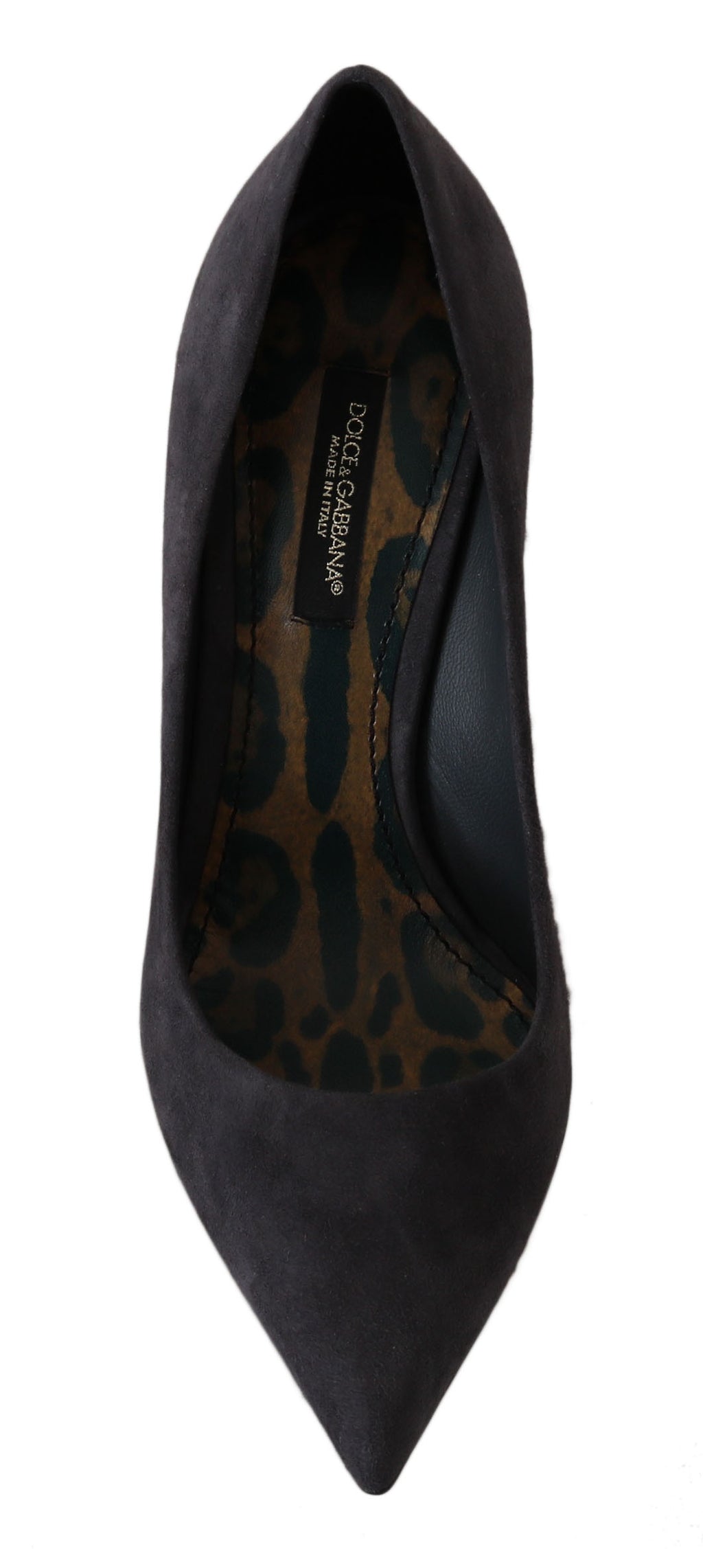 Chaussures à talons stilettos en daim gris de Dolce & Gabbana, élégantes et sophistiquées.