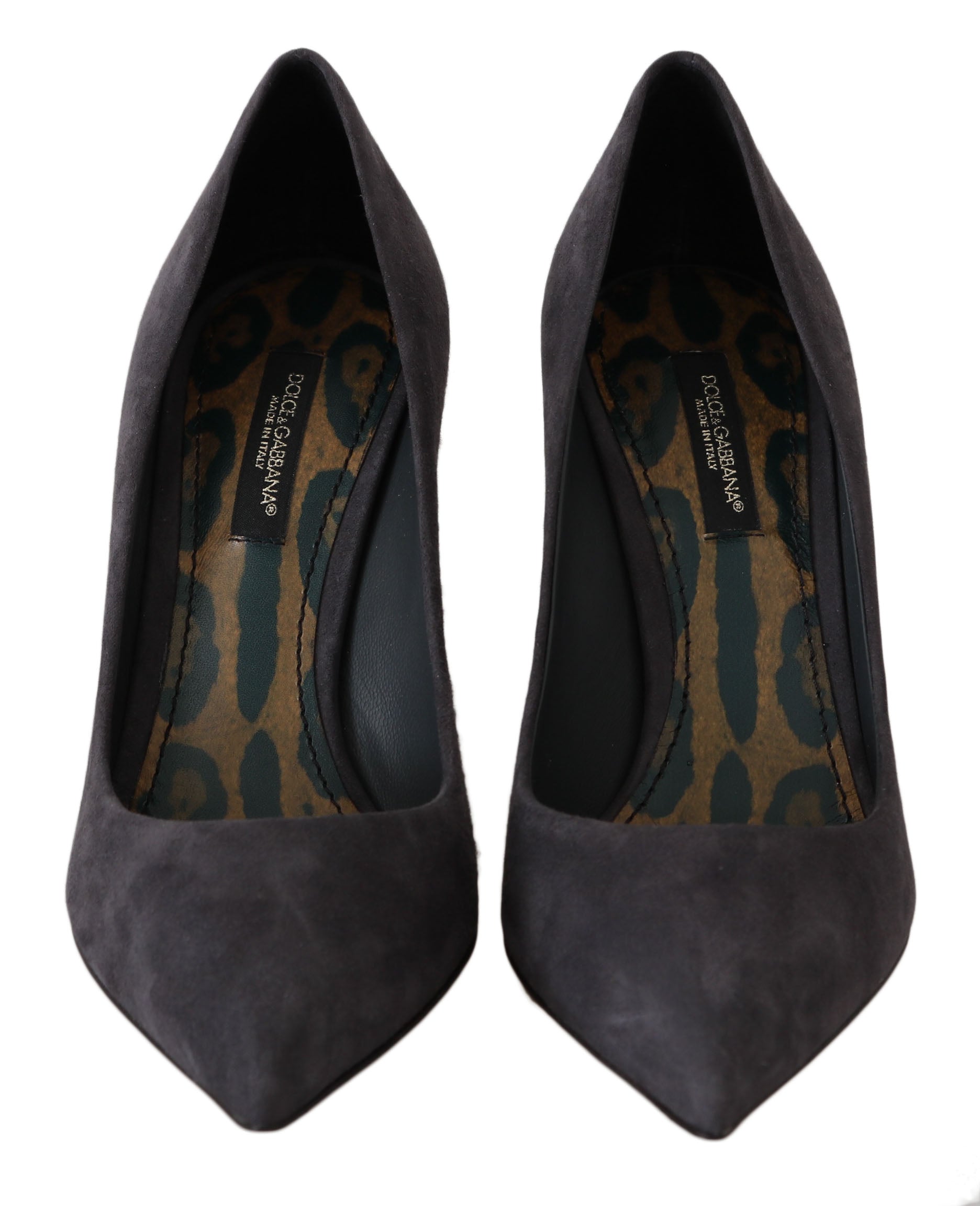 Chaussures à talons stilettos en daim gris de Dolce & Gabbana, élégantes et sophistiquées pour femmes.