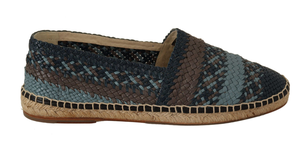 Chaussures espadrilles Dolce & Gabbana en cuir bleu gris, slip-on Buffalo avec semelle en corde, style décontracté et élégant.