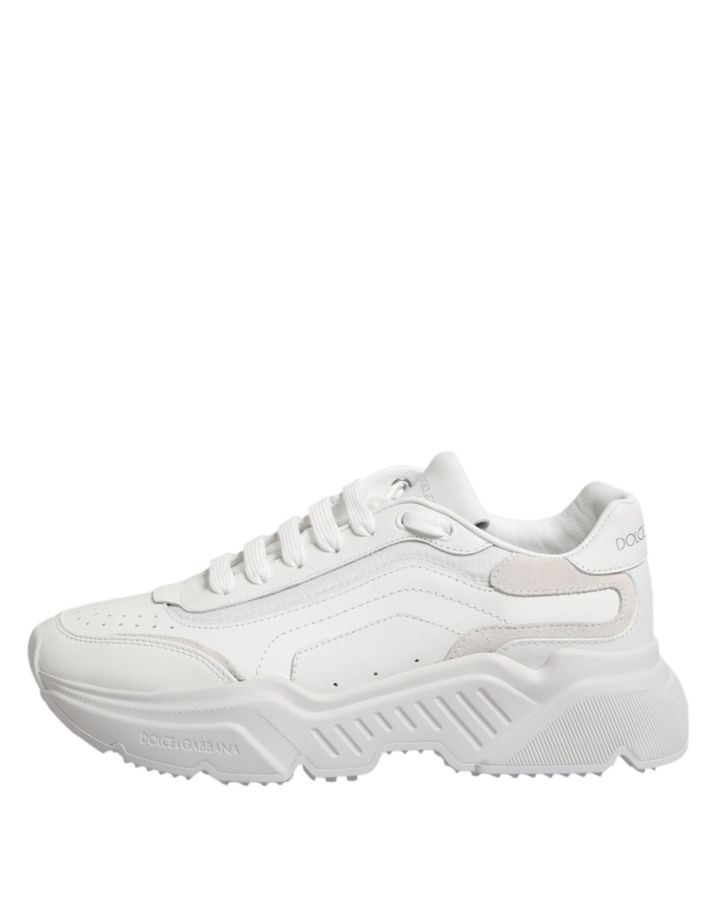 Chaussures sneakers basses en cuir blanc Dolce & Gabbana Daymaster, vue de face avec détails de la semelle et du design élégant