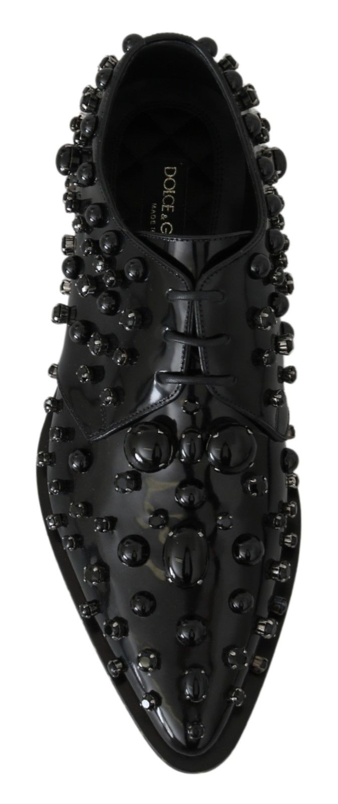 Chaussures à talons noires en cuir avec cristaux Dolce & Gabbana, style élégant et sophistiqué.
