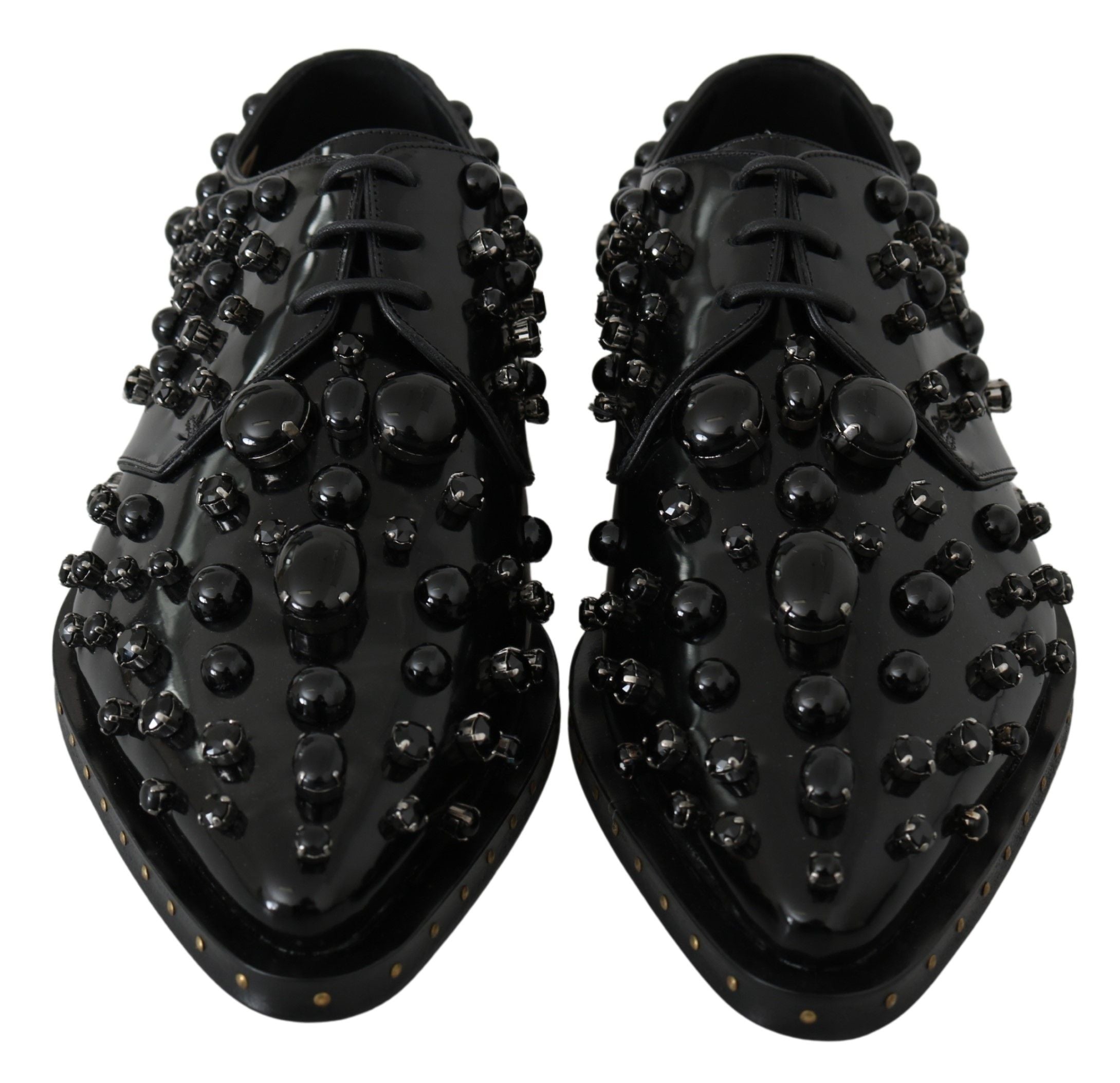 Chaussures à talons noires en cuir avec cristaux de Dolce & Gabbana, élégantes et sophistiquées pour femme.