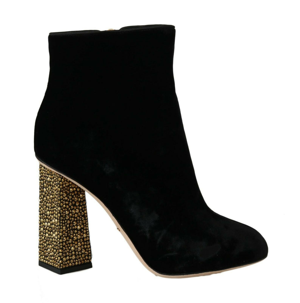 Chaussures à talons carrés en velours noir Dolce & Gabbana avec cristaux, vue de face.