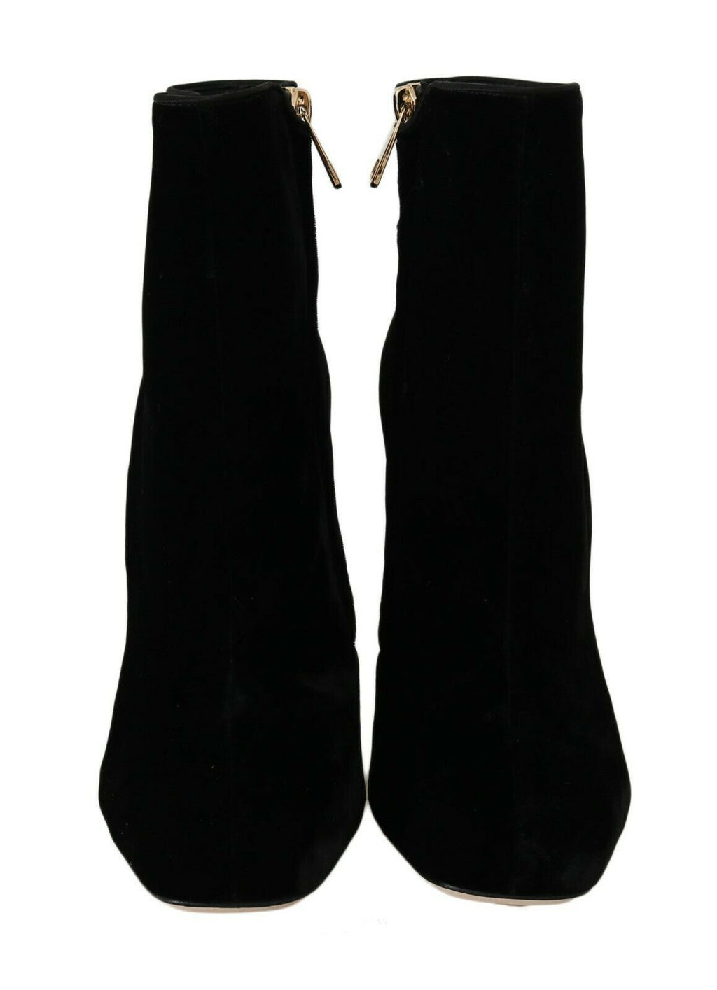 Chaussures à talons carrés en velours noir avec cristaux de la marque Dolce & Gabbana, vue de face.