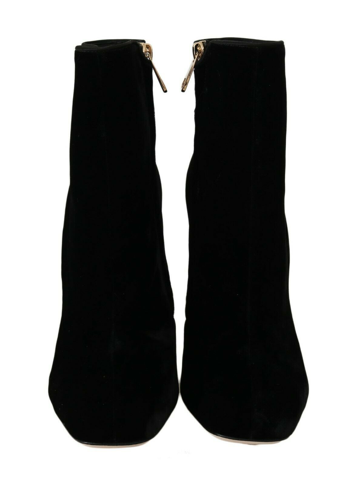 Chaussures à talons carrés en velours noir avec cristaux de la marque Dolce & Gabbana, vue de face.
