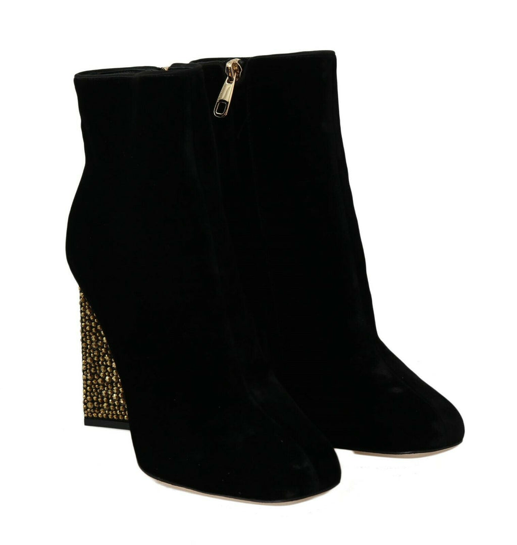 Chaussures à talons carrés en velours noir et cristal de Dolce & Gabbana, élégantes et sophistiquées, vues de face.