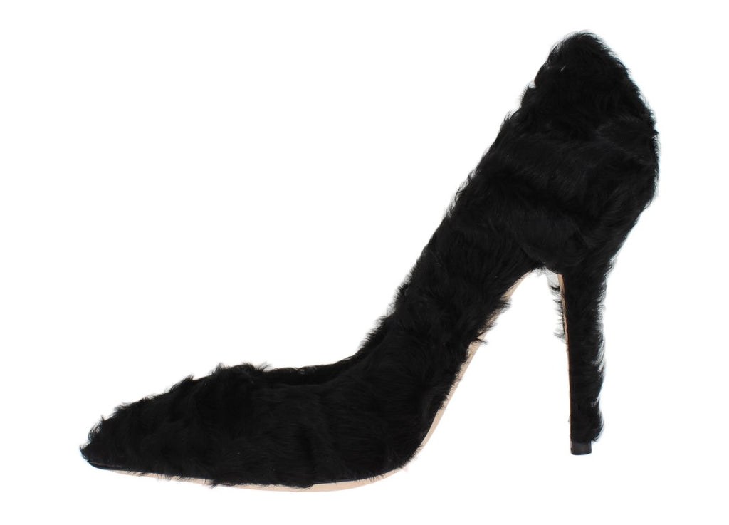Escarpins en cuir et fourrure de lamb, noir, Dolce & Gabbana Xiangao, élégants et sophistiqués.