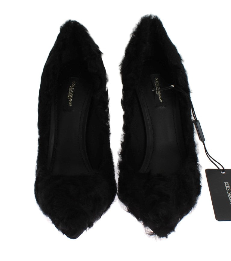 Chaussures Dolce & Gabbana Xiangao en cuir et fourrure de agneau noires, pompe élégante avec détails sophistiqués.