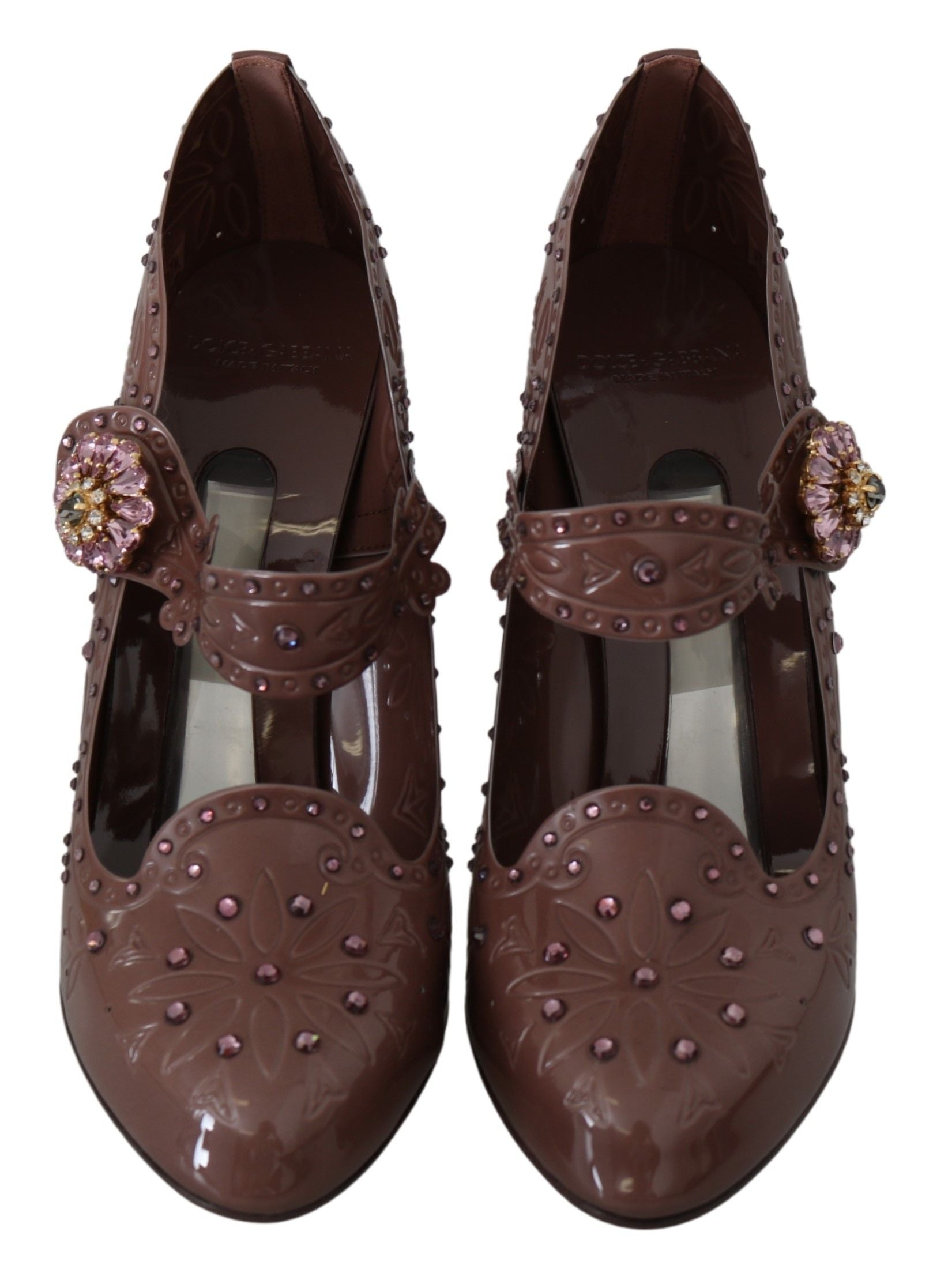 Chaussures à talons Dolce & Gabbana Cinderella marron avec fleurs florales et cristaux, élégantes et sophistiquées.