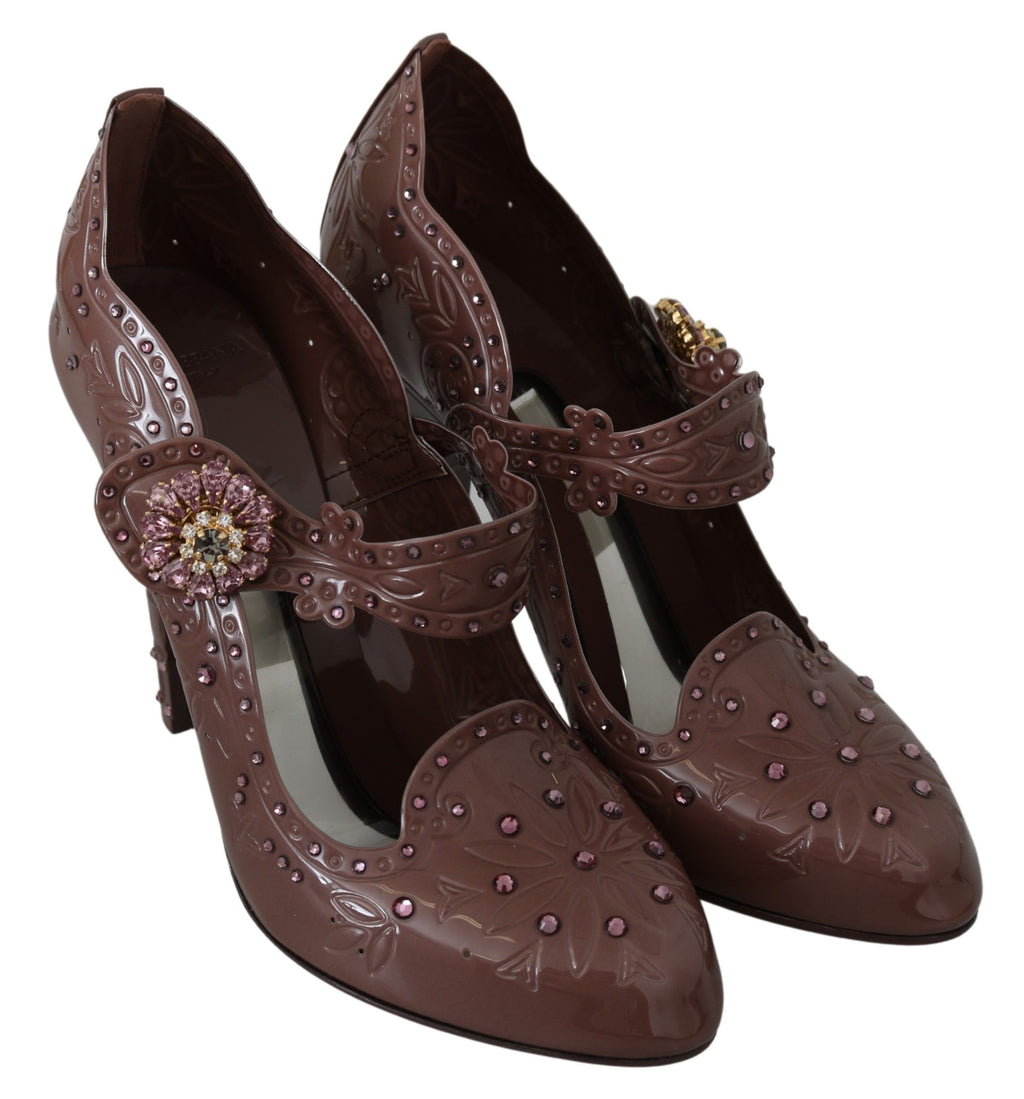 Chaussures à talons Dolce & Gabbana CINDERELLA marron avec fleurs en cristal, style élégant et sophistiqué.