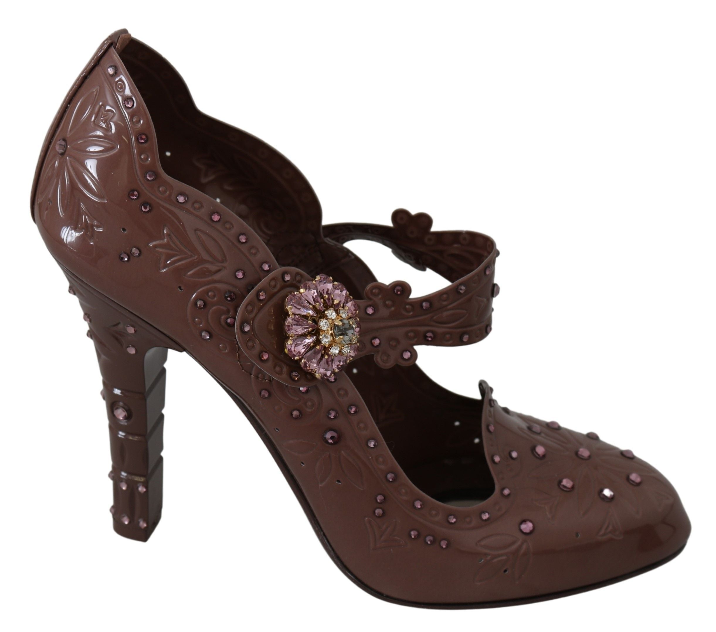 Escarpins Dolce & Gabbana CINDERELLA en brun avec fleurs en cristal et détails élégants, vue de face.