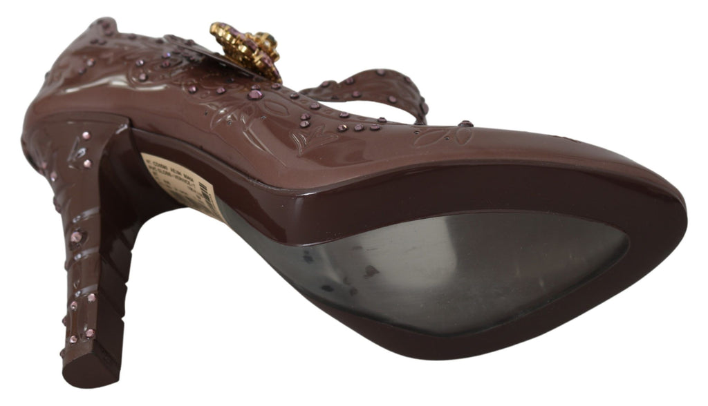 Chaussures à talons Dolce & Gabbana CINDERELLA en cuir marron avec motifs floraux et cristaux brillants.