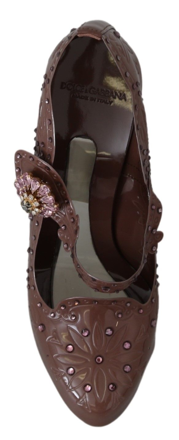 Chaussures à talons Dolce & Gabbana CINDERELLA brunes à fleurs en cristal, élégantes et sophistiquées pour femmes.