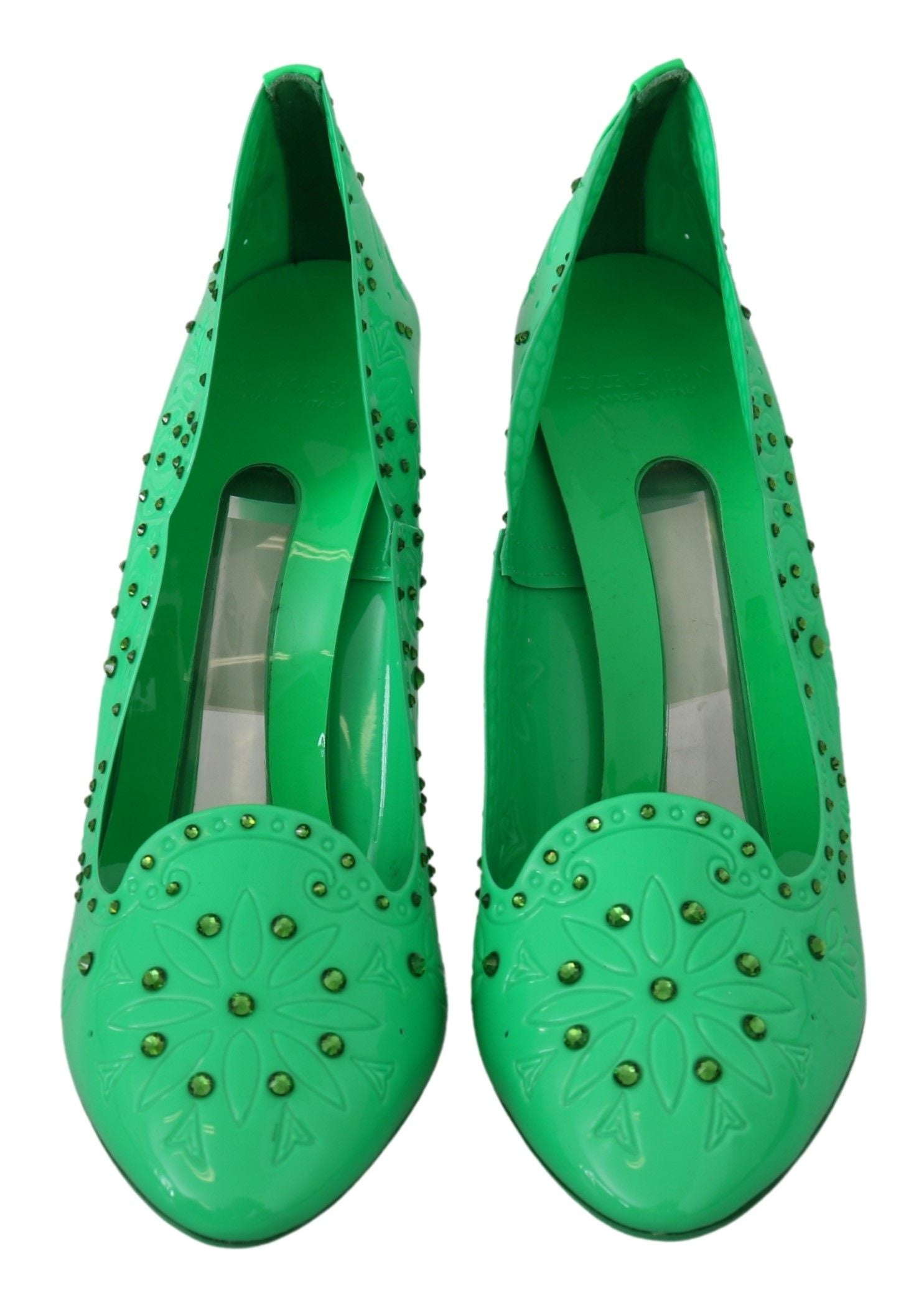 Escarpins floraux en cristal vert Dolce & Gabbana Cinderella, chaussures élégantes avec décor floral brillant.