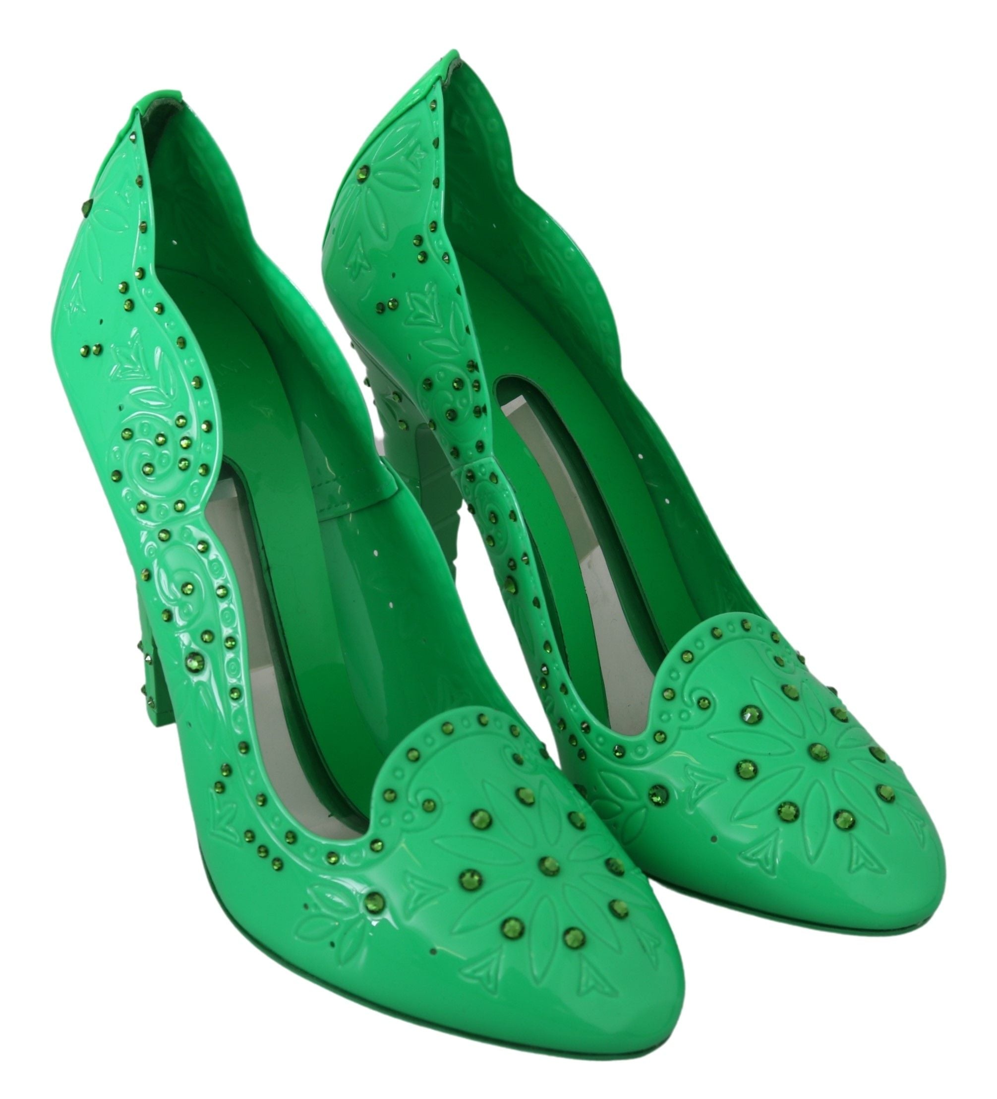 Escarpins floraux en cristal vert Dolce & Gabbana CINDERELLA, chaussures élégantes avec détails floraux et cristaux raffinés.