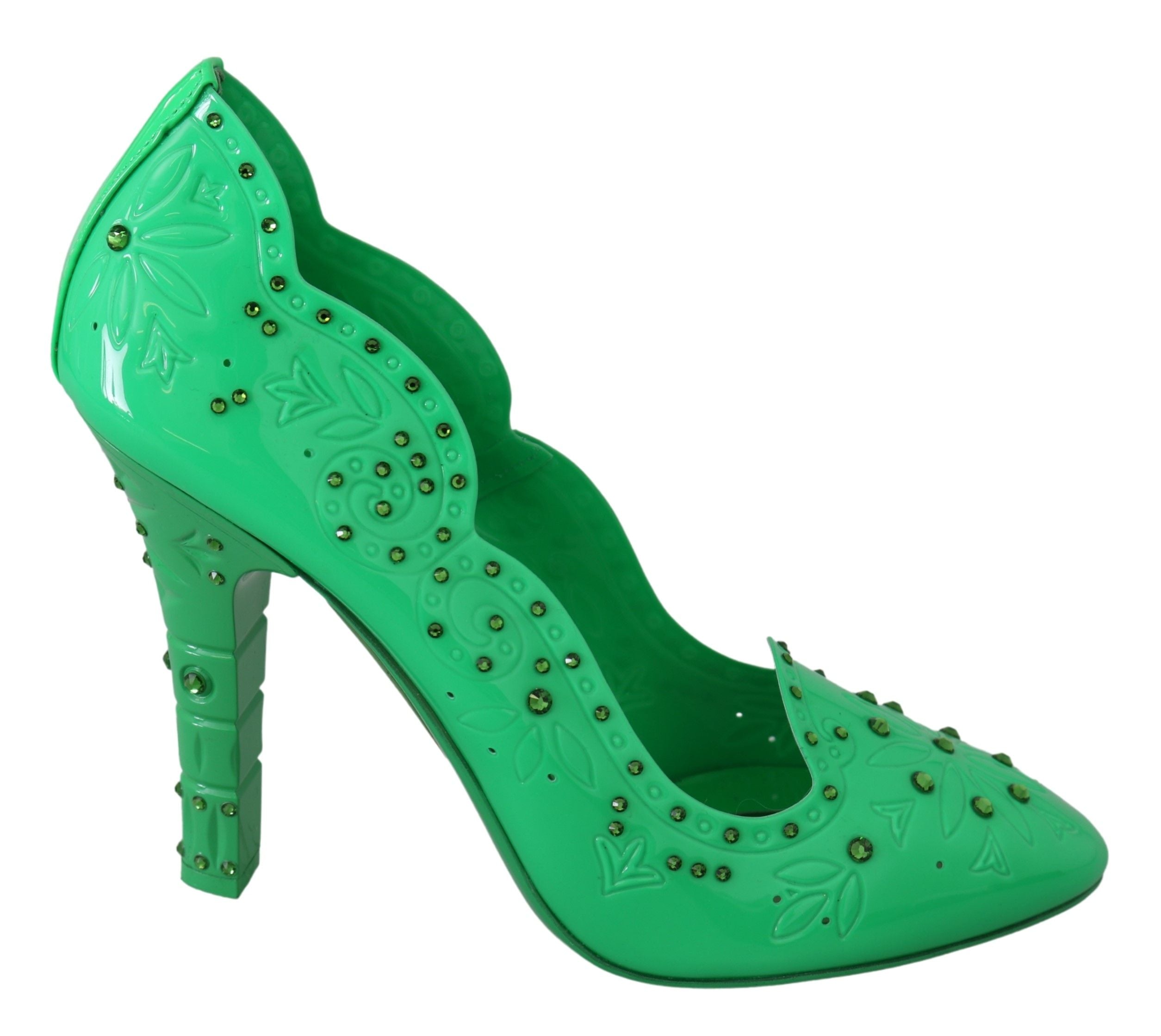 Escarpins Dolce & Gabbana CINDERELLA en vert avec cristaux et motifs floraux, design élégant et féminin.