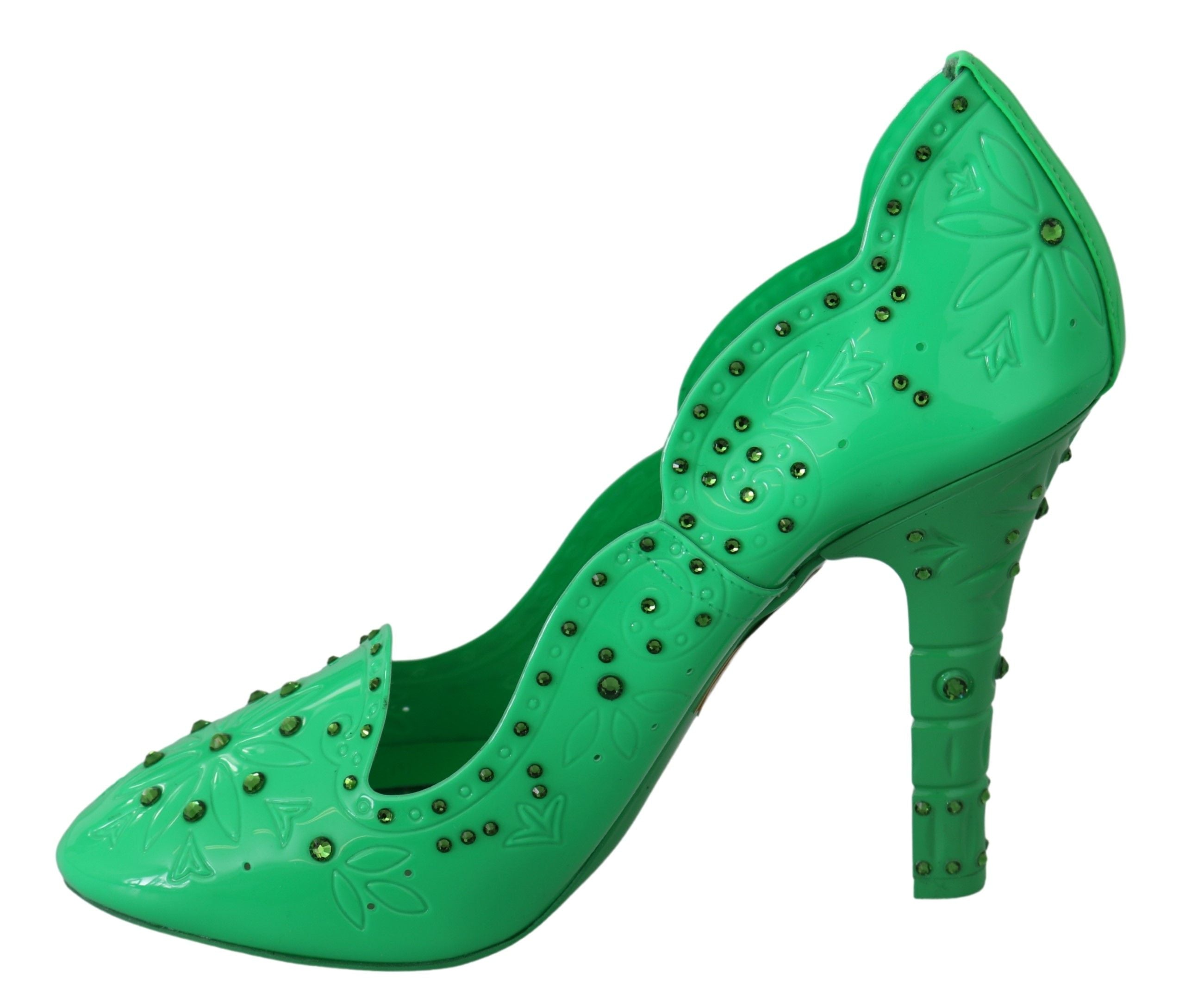 Chaussures à talons vertes Dolce & Gabbana Cinderella avec cristaux et motif floral, vue de face.