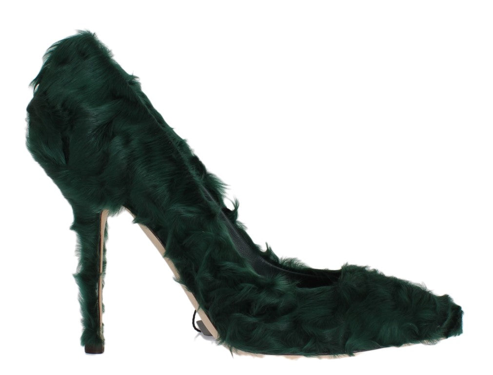 Escarpins en cuir et fourrure de mouton vert Dolce & Gabbana Xiangao, élégants et sophistiqués, visibles en gros plan.
