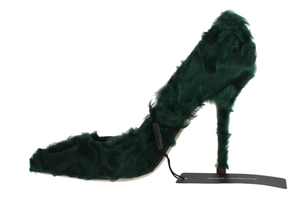Escarpins en cuir et fourrure de lamb, vert Xiangao, de la marque Dolce & Gabbana, visibles avec détails du design.
