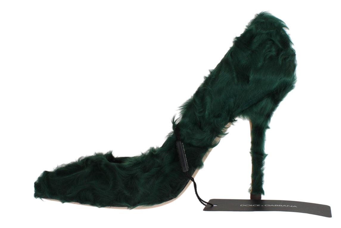 Escarpins en cuir et fourrure de lamb, vert Xiangao, de la marque Dolce & Gabbana, visibles avec détails du design.