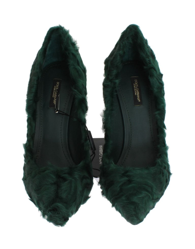 Escarpins en cuir et fourrure de agneau vert Dolce & Gabbana, style élégant et sophistiqué.