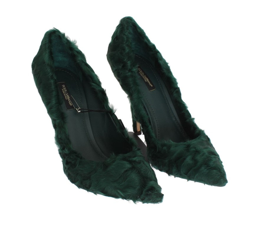 Chaussures Dolce & Gabbana Xiangao en cuir et fourrure de mouton vert, pompes élégantes pour femme.