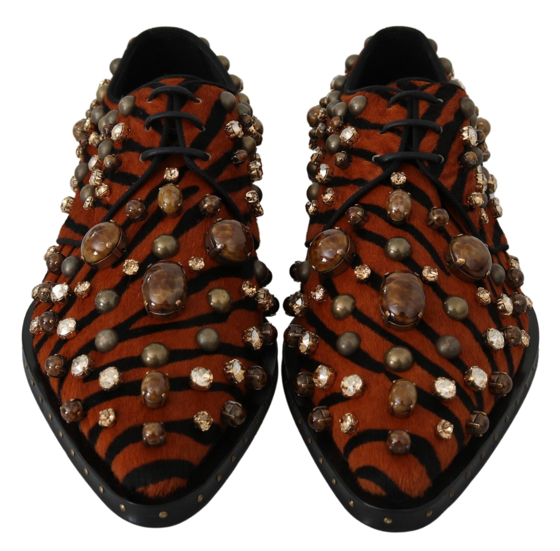Chaussures Dolce & Gabbana en cuir de poney orange avec cristaux, style brogue élégant et sophistiqué.