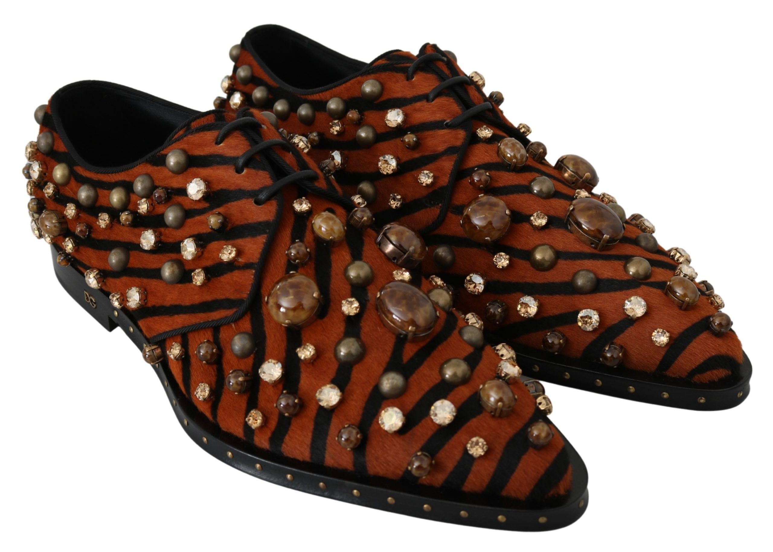 Chaussures Dolce & Gabbana en cuir de poney orange avec cristaux et brogue, élégantes et sophistiquées.