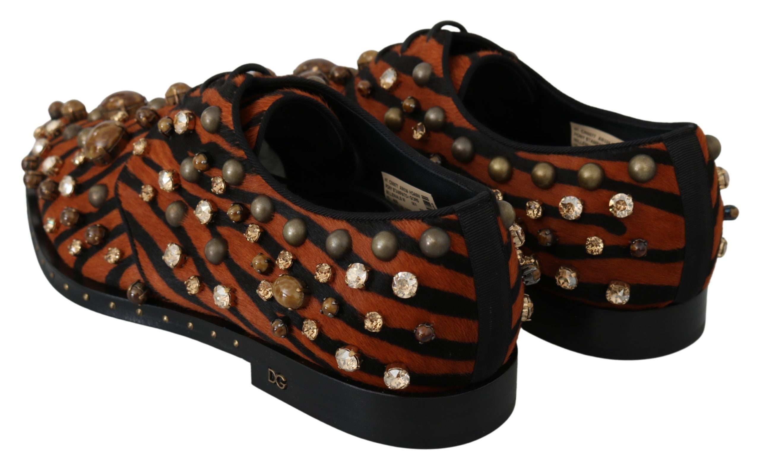 Chaussures Dolce & Gabbana en cuir de poney orange avec cristaux, élégantes et sophistiquées, vues de côté.
