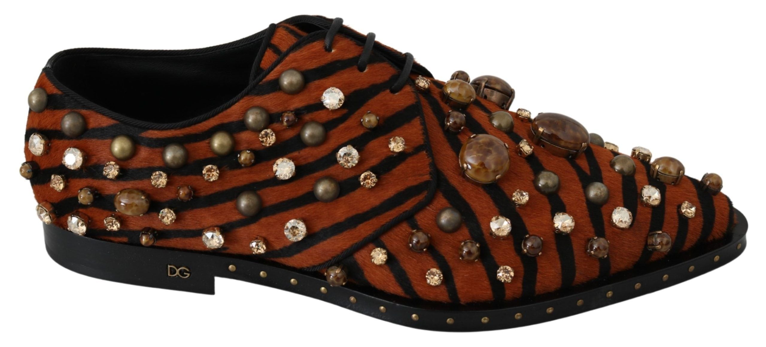 Chaussures Dolce & Gabbana en cuir de poney orange avec cristaux, style élégant et sophistiqué.