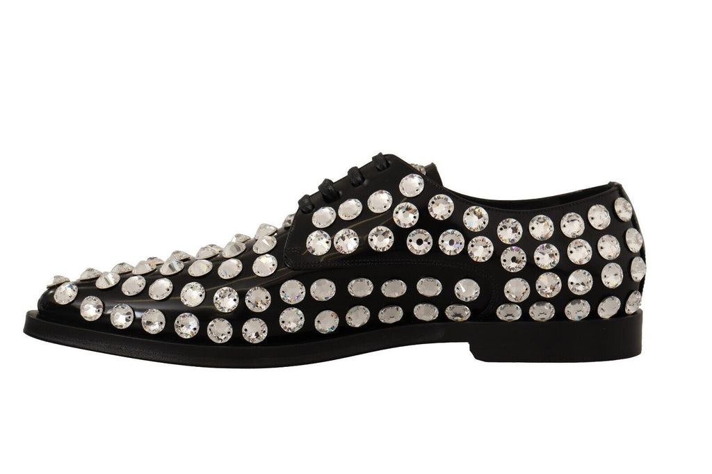 Chaussures formelles en cuir noir Dolce & Gabbana avec cristaux et lacets, élégantes et sophistiquées.