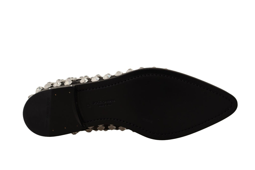 Chaussures formelles en cuir noir Dolce & Gabbana avec cristaux et lacets, élégantes et sophistiquées.