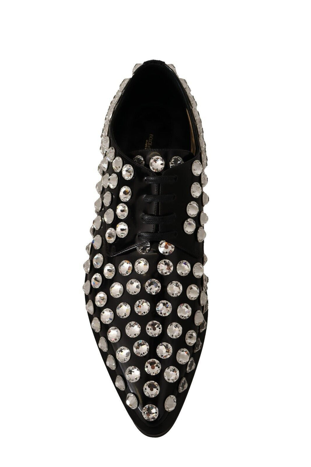 Chaussures formelles en cuir noir Dolce & Gabbana avec cristaux et lacets, élégantes et sophistiquées.