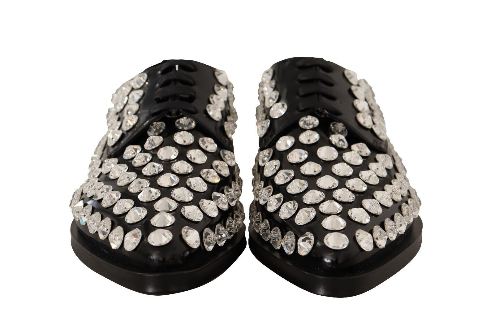 Chaussures formelles en cuir noir avec cristaux et lacets de Dolce & Gabbana, élégantes et sophistiquées.
